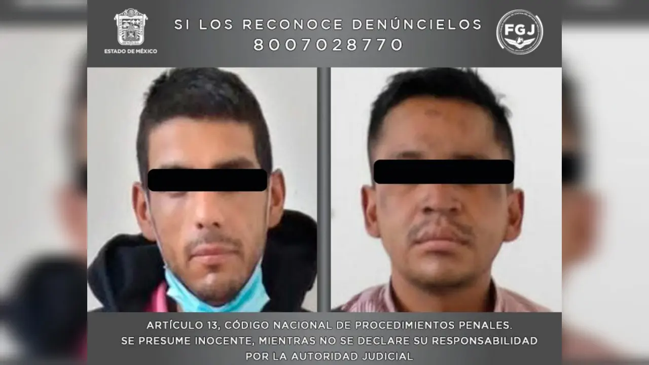 Miguel Ángel N y José Iván N fueron detenidos con una orden de aprehensión por robo con violencia de un vehículo de una aplicación digital en Tultitlán. Foto: Cortesía