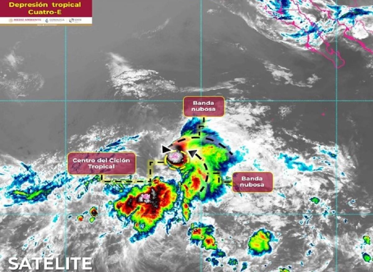 La depresión tropical Cuatro-E se ubica a 1, 595 kilómetros al suroeste de Cabo San Lucas, Baja California Sur. Foto: Twitter @conagua_clima