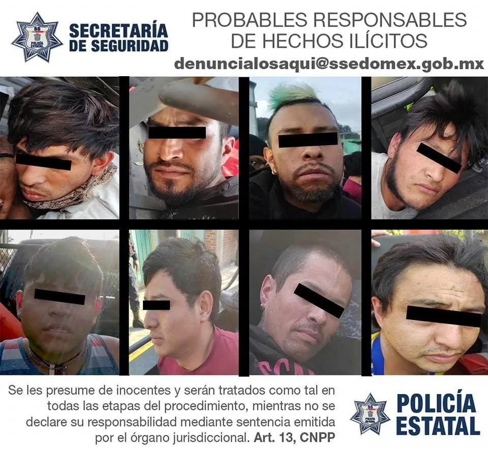 Miguel, Jonathan, Josué, Isaac, José, Óscar, Julio y Rodolfo fueron detenidos por la policía estatal, están acusados de robo de vehículo, portación de arma prohibida y delitos contra la salud. Foto: Cortesía