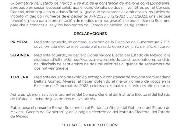 Listo el Bando Solemne para declarar a Delfina Gómez gobernadora electa