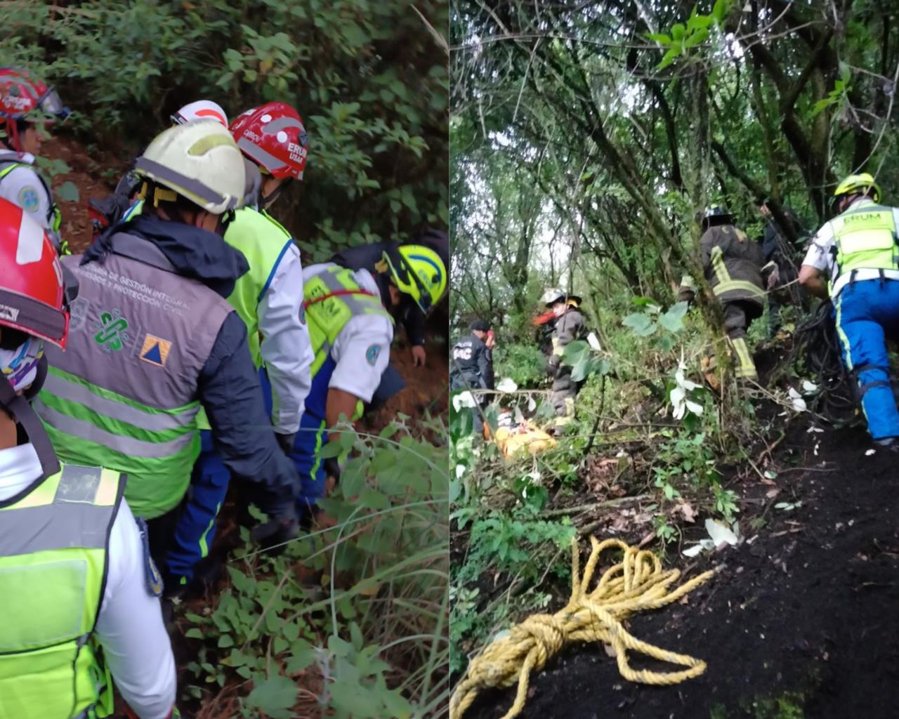 Niño rescatado tras caer en el cráter del Volcán el Xitle en Tlalpan. Foto: @SGIRPC_CDMX @Bomberos_CDMX