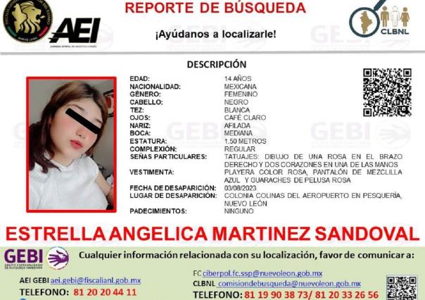 Emiten reporte de búsqueda para localizar a Estrella Angélica de 14 años