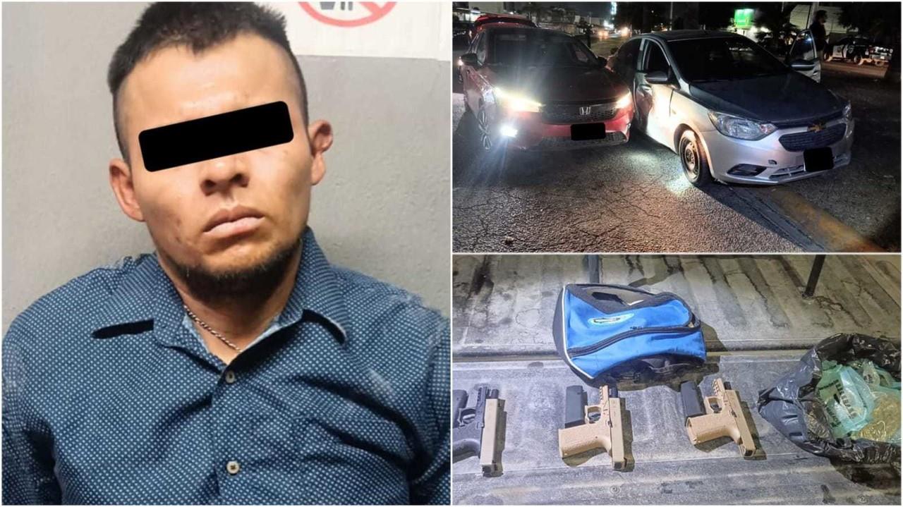 Policías de la Guardia de Proximidad de Apodaca detuvieron a un hombre que portaba en la cintura una pistola y además dentro del auto en que viajaba llevaba una mochila con otras dos armas de fuego.