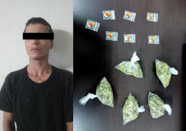 Cae hombre por alterar el orden público y le decomisan droga en Santa Catarina