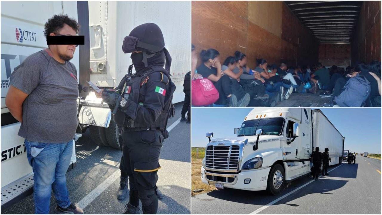 Policías estatales aprehendieron a un hombre que transportaba en condiciones inhumanas a 64 inmigrantes. Foto. Cortesía