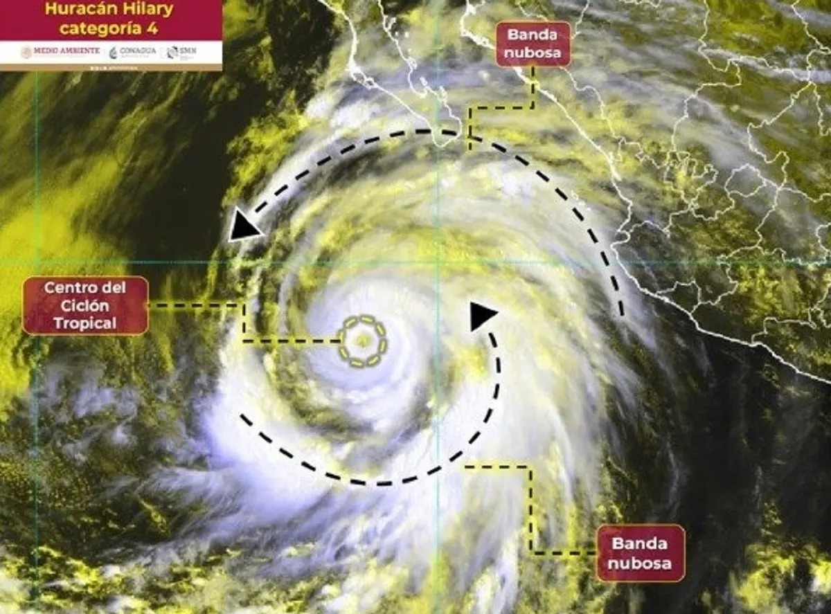 El huracán Hillary categoría 4 se ubica a 555 kilómetros al sur-suroeste de Cabo San Lucas, Baja California Sur. Foto: Twitter @conagua_clima