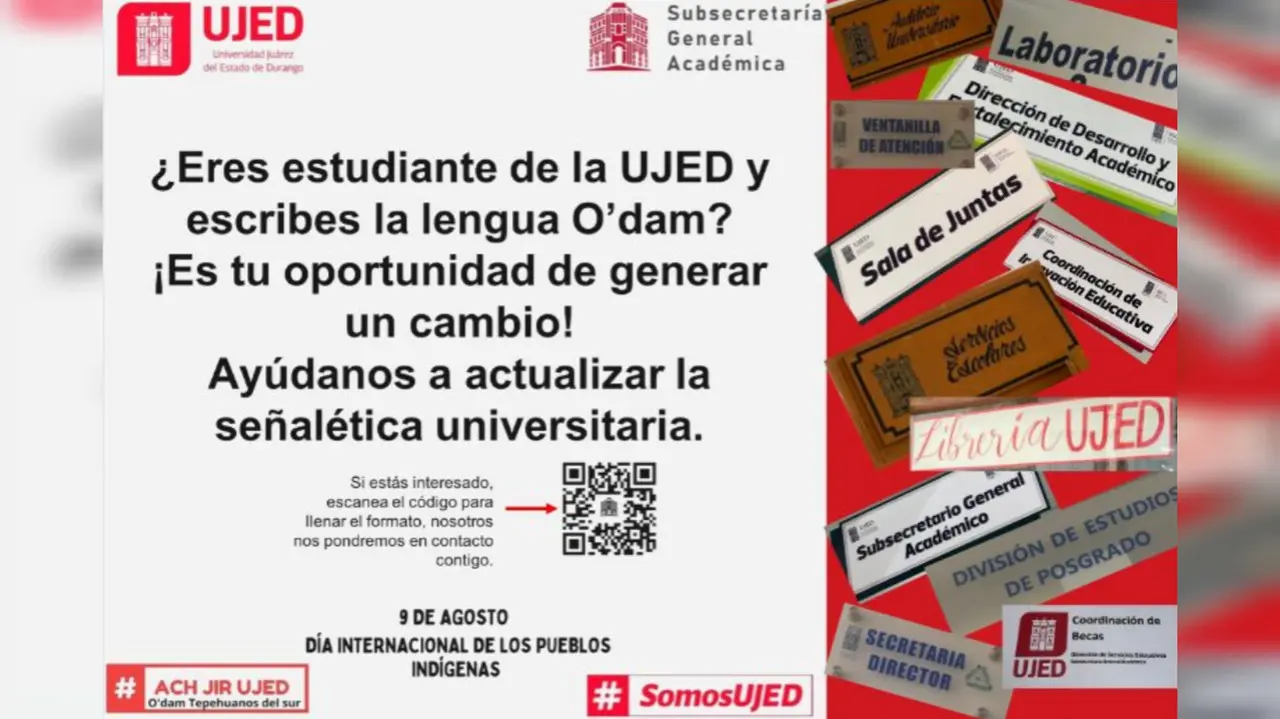 UJED invita a sus estudiantes a tomar parte en la creación de la nueva señalética en lengua O´dam. Foto: facebook Subsecretaría General Académica