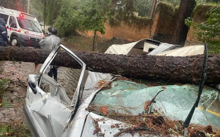 La lluvia azotó al municipio de Valle de Bravo  provocó que el derribo de árboles, uno de ellos cayó sobre un auto, dejó 3 heridos. Foto: Cortesía