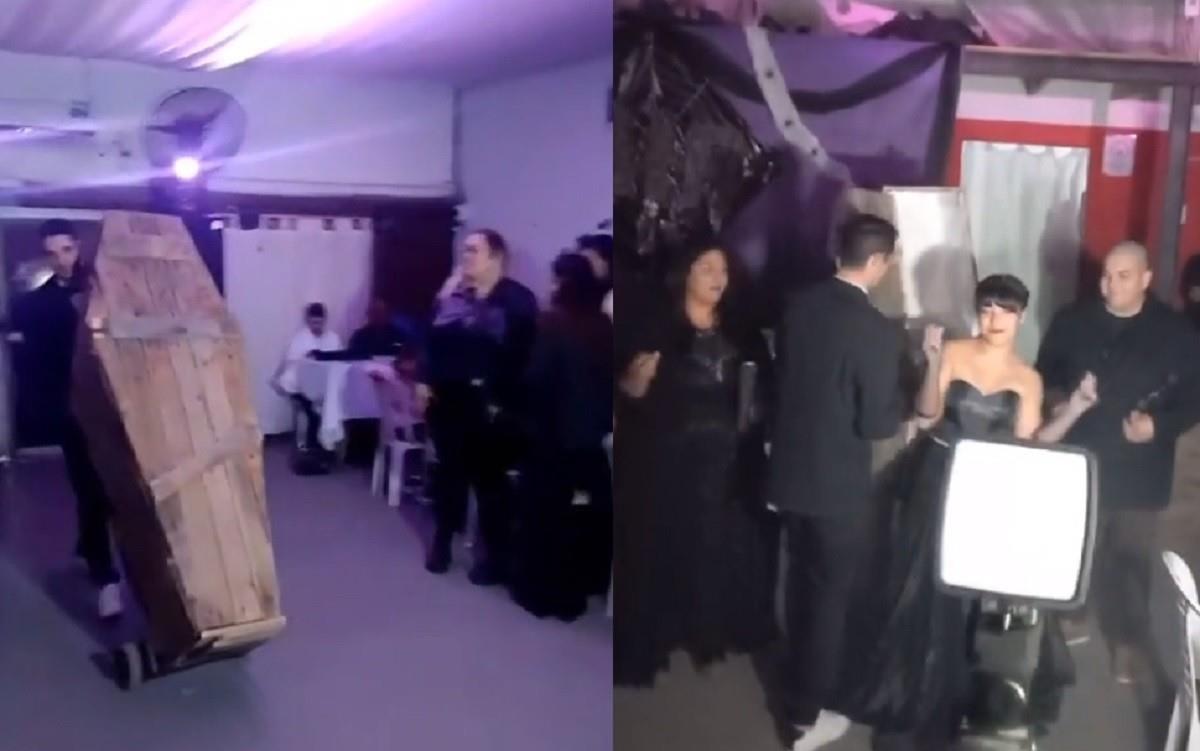 Una quinceañera sorprendió a sus invitados a su fiesta al salir de un ataúd. Foto: TikTok natyruiz39
