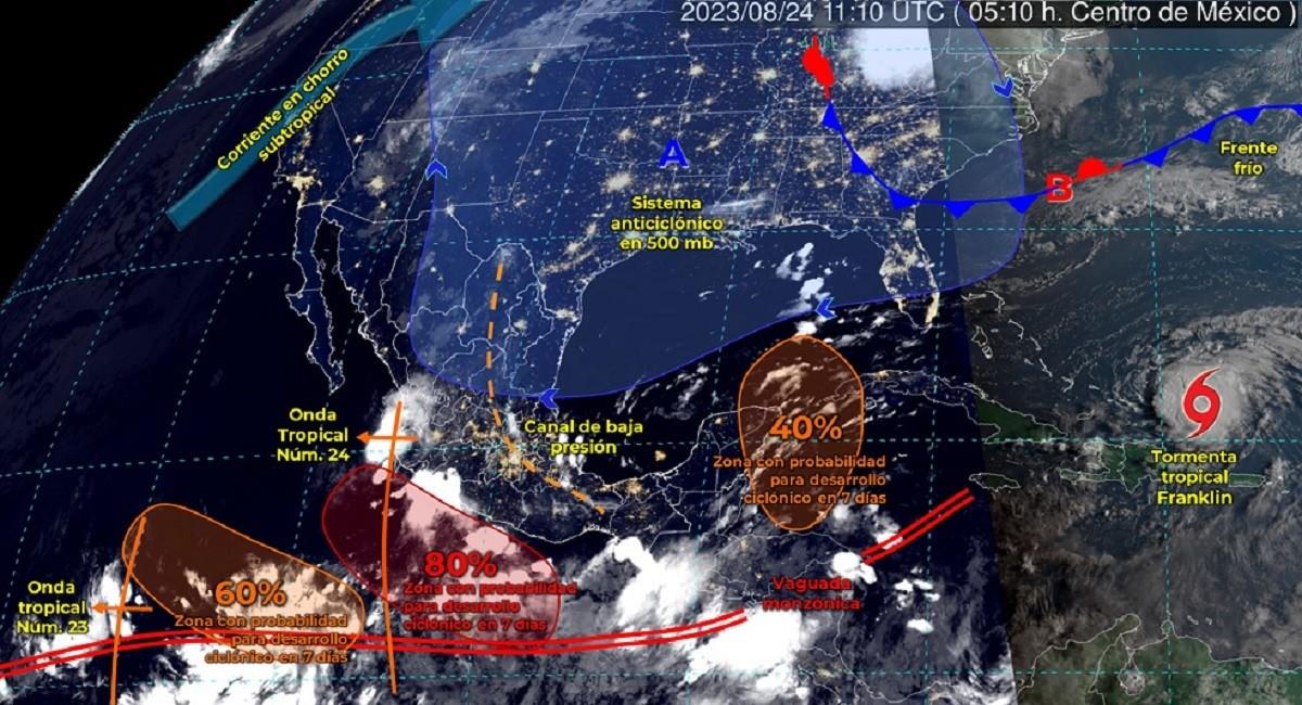 La onda tropical número 24 se ubicará al suroeste de las costas de Jalisco, propiciando chubascos y lluvias fuertes acompañadas de descargas eléctricas y rachas de viento en el occidente mexicano. Foto: Twitter @conagua_clima