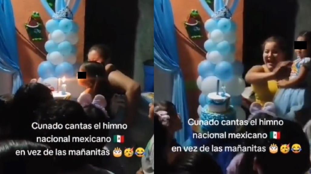 Cantan a niña el Himno Nacional Mexicano por su cumpleaños