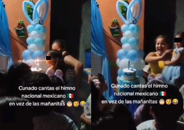 Cantan a niña el Himno Nacional Mexicano por su cumpleaños