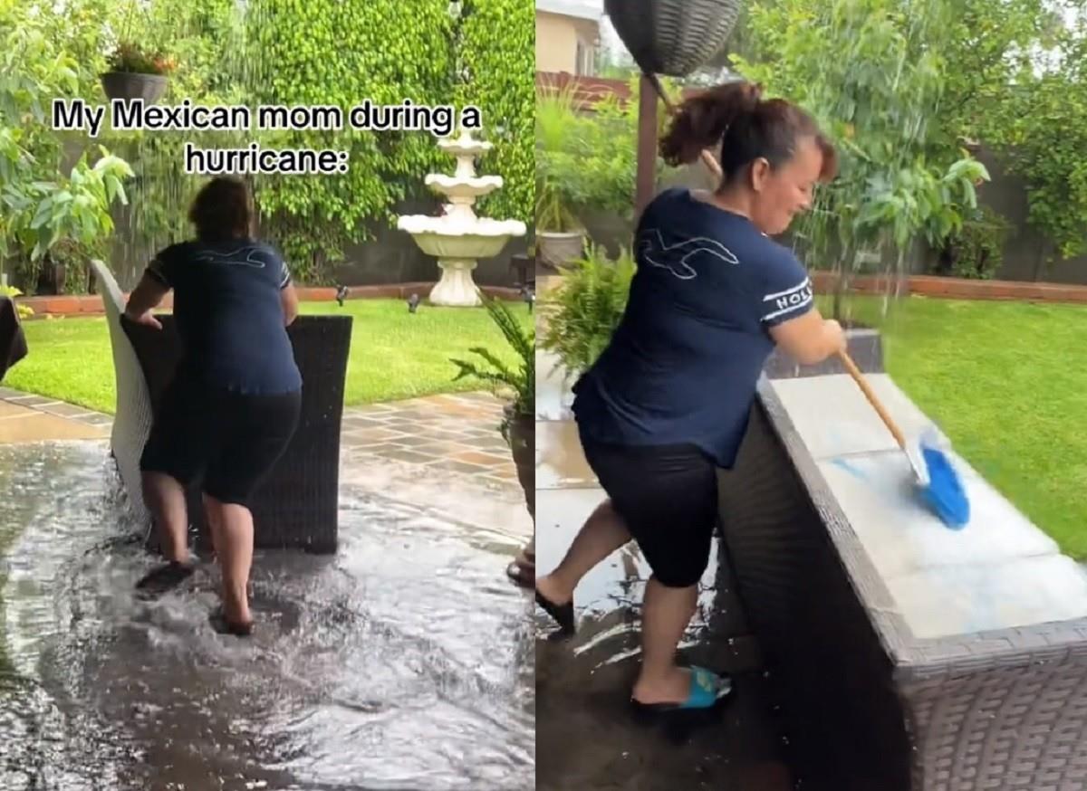 Mujer mexicana ahorra agua al lavar sillones y alfombras en pleno aguacero en Estados Unidos. Foto: TikTok iselanavarrete50