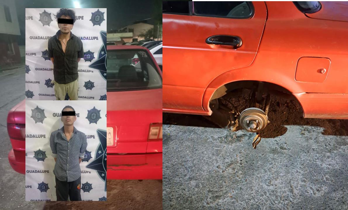 Policías de Guadalupe detienen a 2 hombres por desmantelar auto robado. Foto. Cortesía