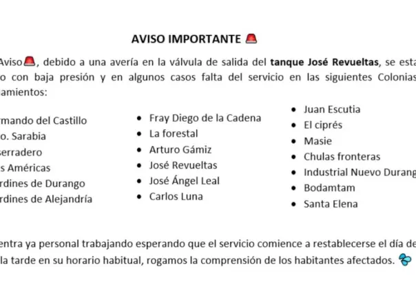 Habrá baja presión y falta de agua en algunas zonas de la ciudad