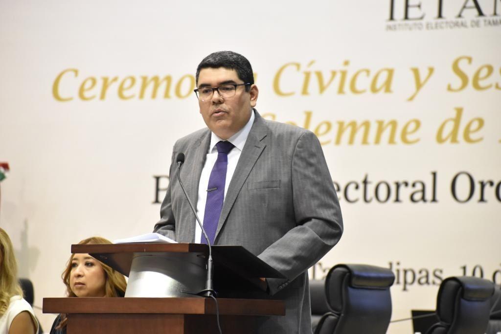 El magistrado presidente del IETAM, Juan José Ramos Charré, dio el arranque al proceso electoral 2023-2024 en Tamaulipas. Foto: Perla Reséndez