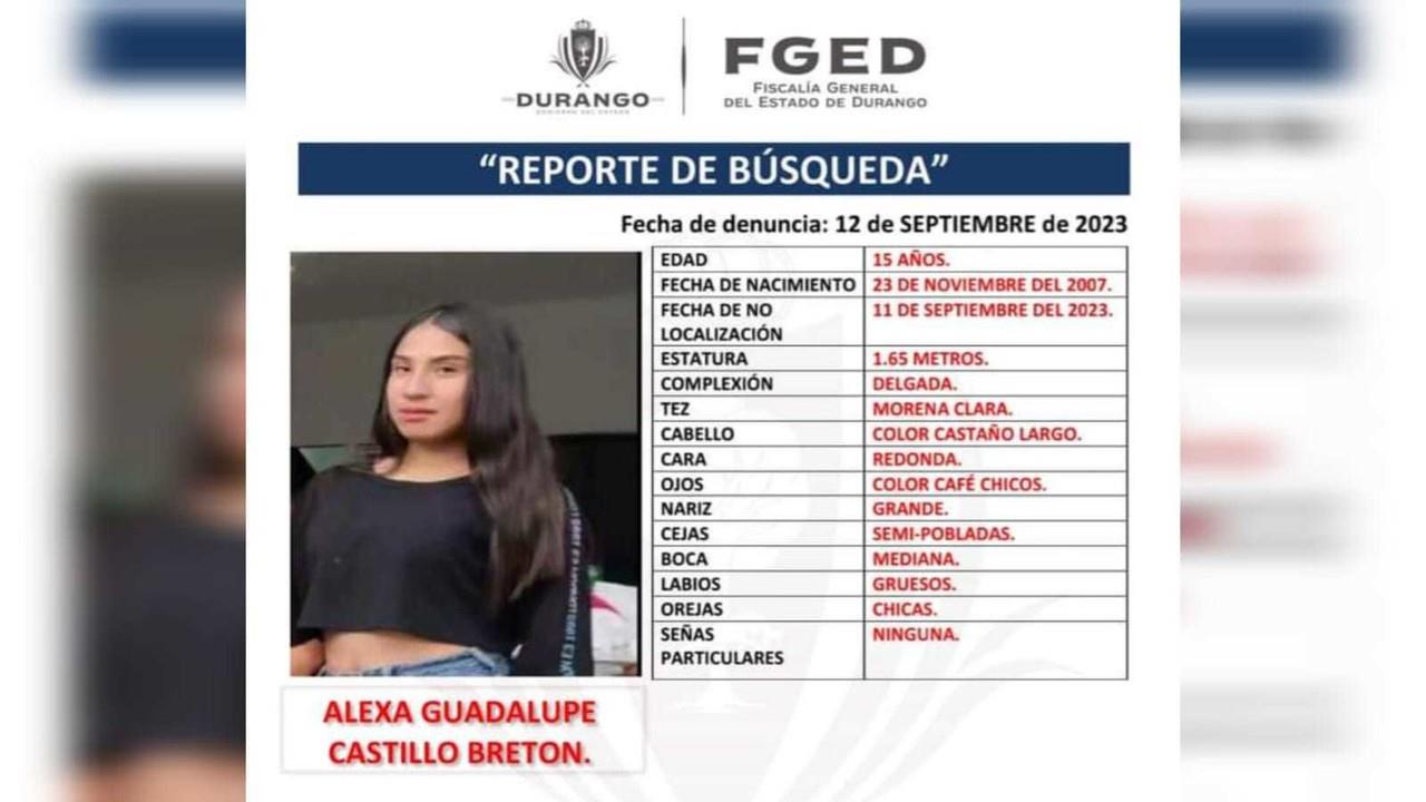 Favor de llamar al 911 en caso de contar con información que lleve al paradero de Alexa. Foto: Facebook Fiscalía Durango.