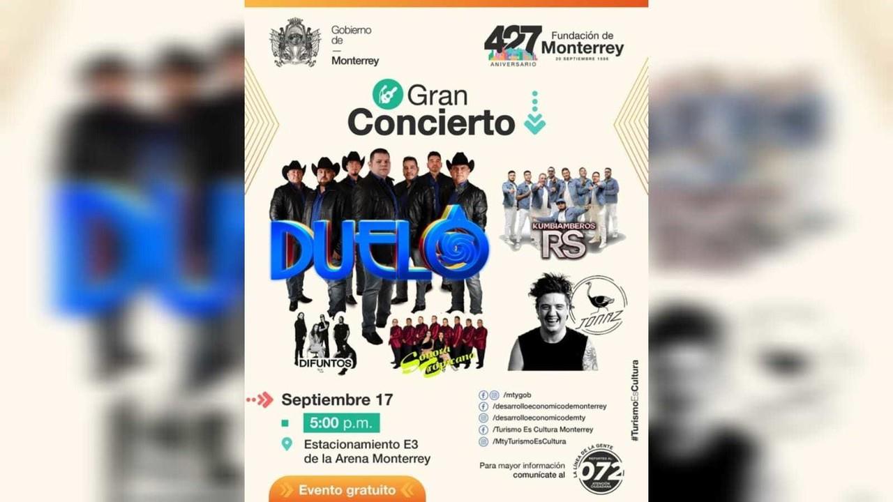 El Gran Concierto contará con la participación de Duelo, Jonaz, Sonora Tropicana, Kumbiamberos RS y Difuntos. Foto: Facebook Gobierno de Monterrey