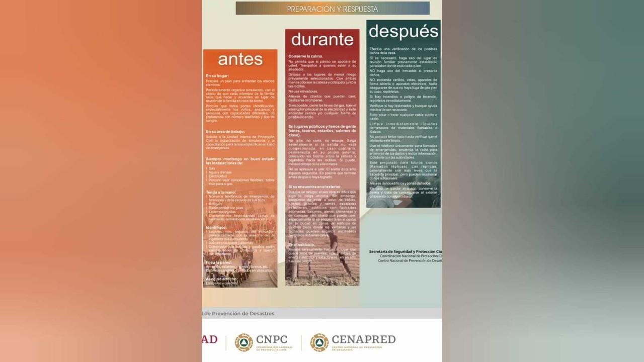 Las autoridades de Protección Civil emitieron recomendaciones de qué hacer antes, durante y después de un sismo. Foto: CENAPRED