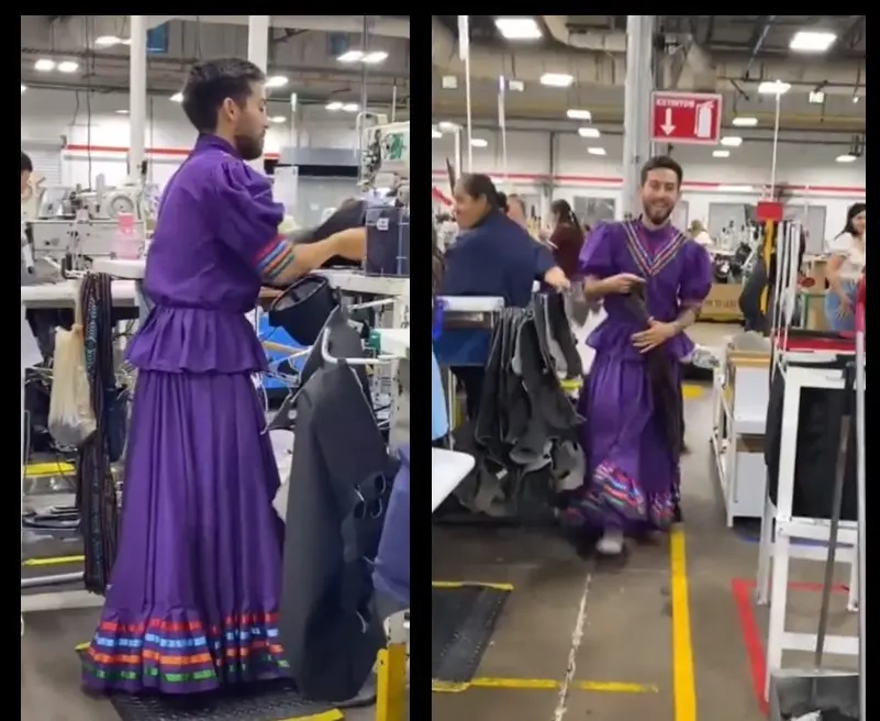 Hombre viste en el trabajo  vestido típico para festejar Fiestas Patrias en Chihuahua. Fotos. Captura de Imagen