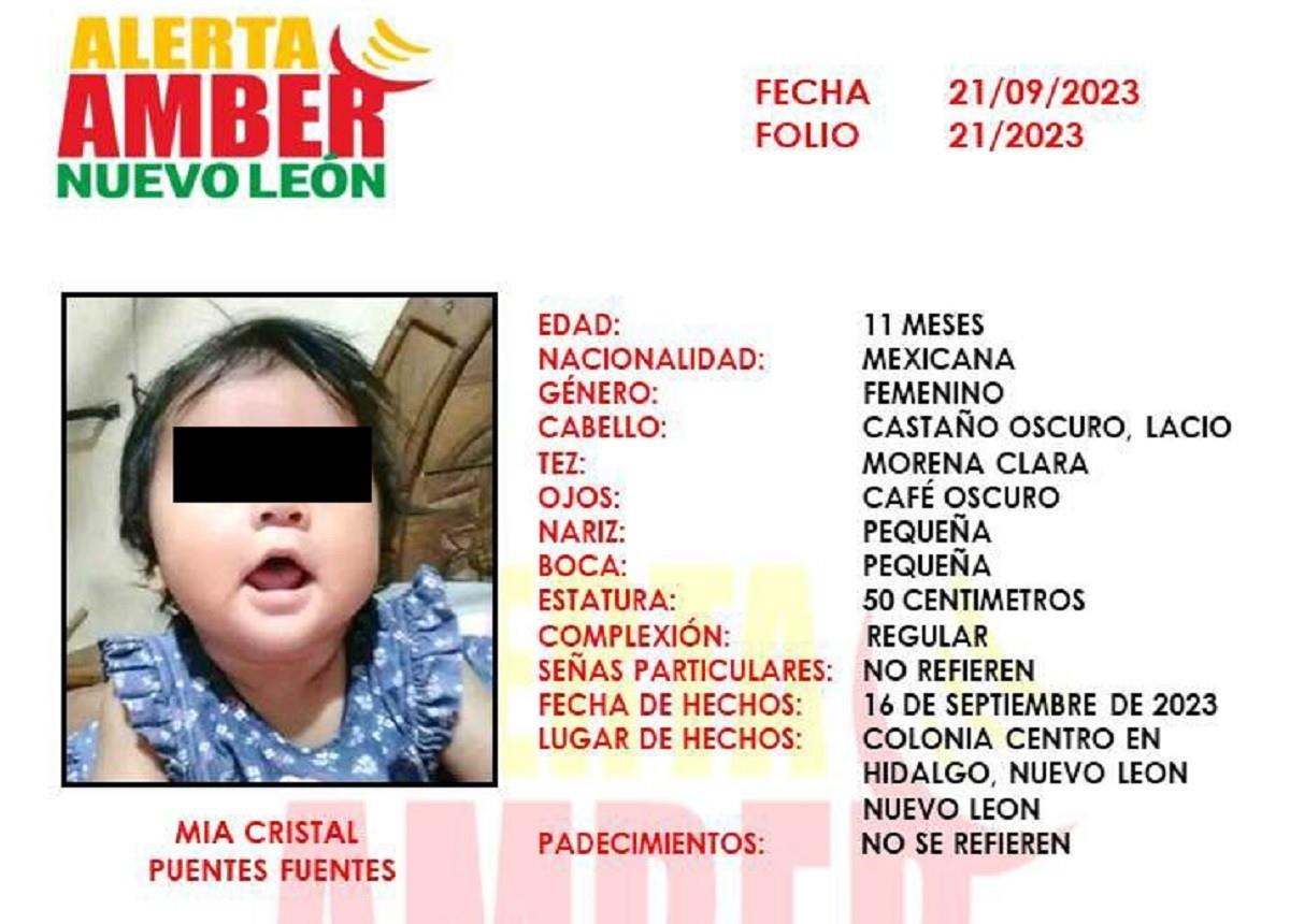 Mia Cristal Puentes Fuentes, de 11 meses, desapareció el pasado 16 de septiembre de 2023 en la colonia Centro, del municipio de Hidalgo, Nuevo León. Foto: Facebook Fiscalía General de Justicia de Nuevo León