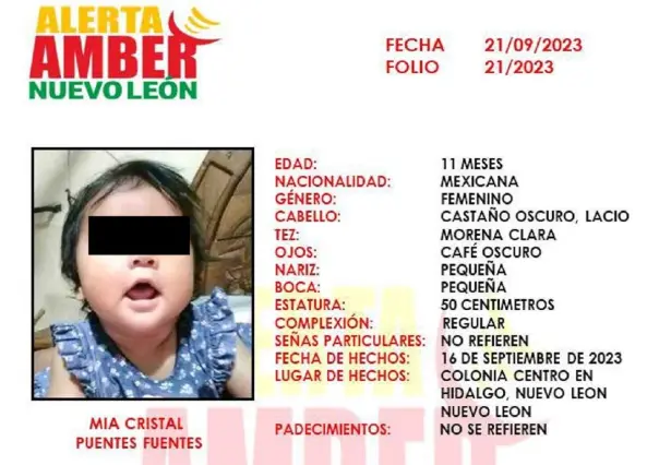 Activan la Alerta Amber para localizar a la bebita Mia Cristal