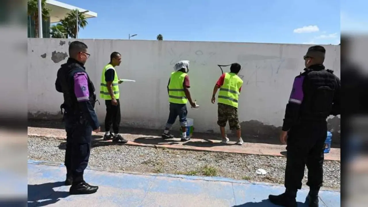 Infractores realizando trabajo comunitario para enmendar su error. Foto: Facebook Ayuntamiento de Gómez Palacio.