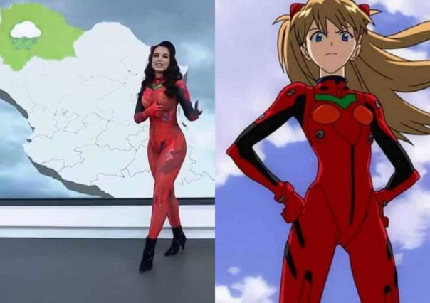 Presentadora da el clima vestida de Asuka de Evangelion