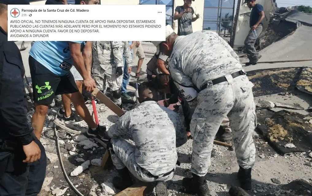 La iglesia de la Santa Cruz explicó que no cuentan con ninguna cuenta bancaria para recibir donativos. Foto. Guardia Nacional