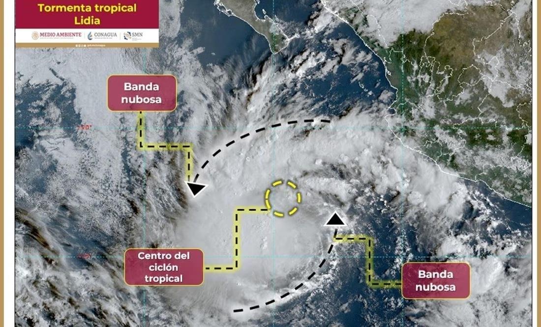 El Servicio Meteorológico Nacional (SMN) reportó que “Lidia” se desplaza en dirección noroeste, a 7 kilómetros por hora. Foto: Conagua.