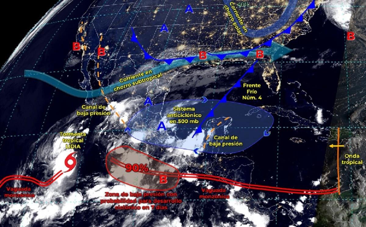 Se pronostican  lluvias torrenciales (de 150 a 250 milímetros [mm) en Chiapas, Oaxaca, Puebla, Tabasco y Veracruz, debido a la interacción del frente frío 4. Foto: Twitter @conagua_clima