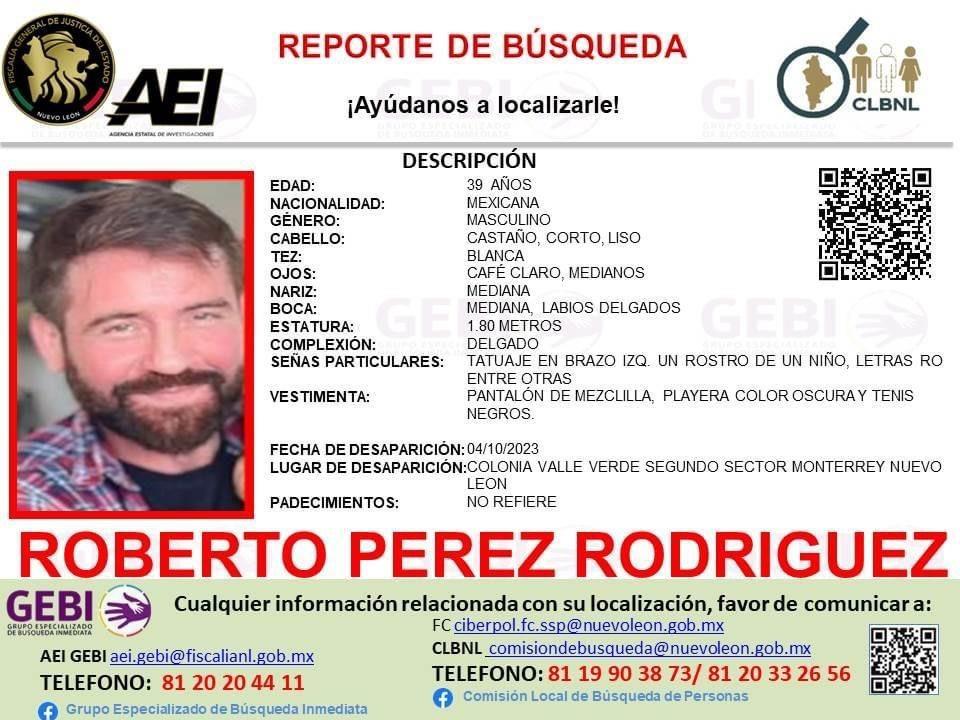 Buscan a Roberto Pérez Rodríguez de 39 años