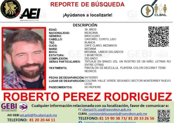 Buscan a Roberto Pérez Rodríguez de 39 años