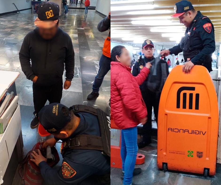 Usuarios del Metro recuperan sus pertenencias con apoyo de uniformados de la SSC. Foto: Metro CDMX