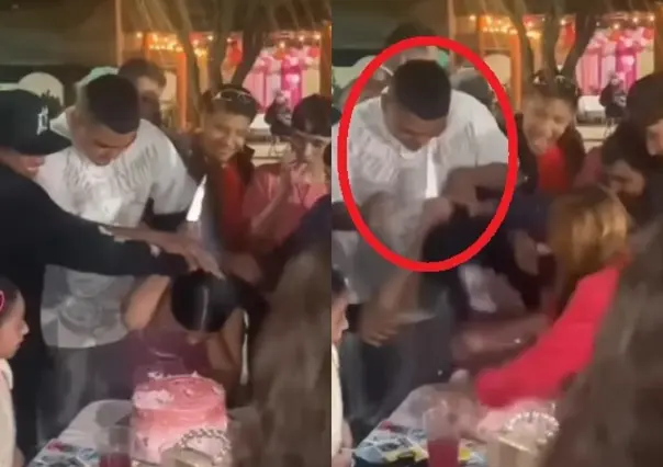 Empuja hombre a cumpleañera a pastel; ella le pica un ojo con cuchillo