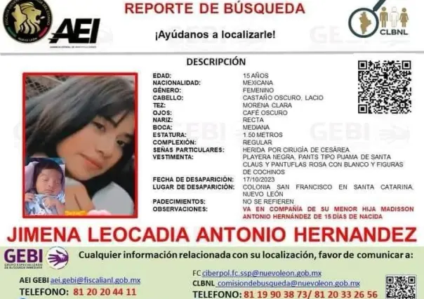 Buscan a Jimena Leocadia Antonio Hernández de 15 años y a su bebé recién nacida