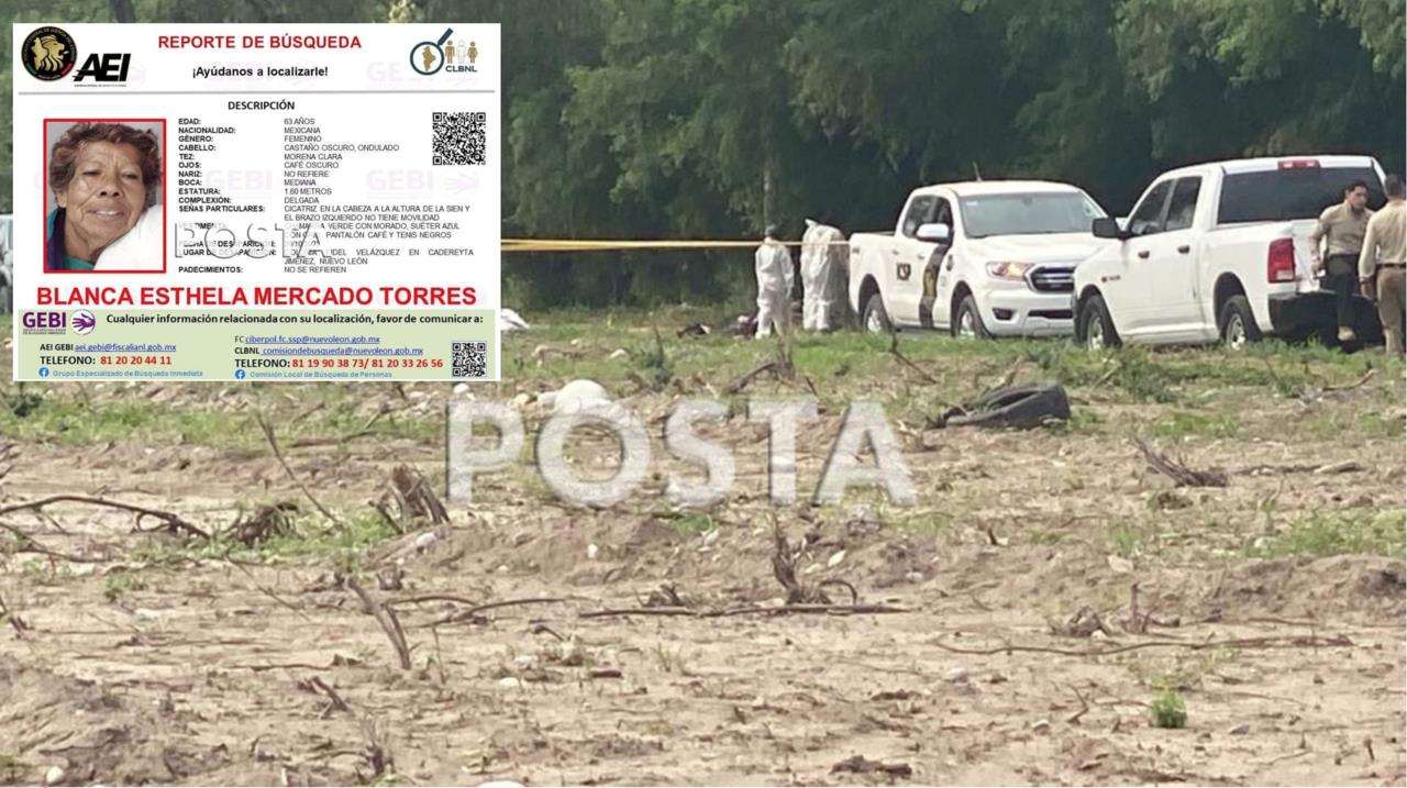 Blanca Esthela Mercado Torres de 63 años, fue hallada en el baldío e identificada por su propio hijo, quien es agente de tránsito del municipio de Cadereyta, y que participaba en la búsqueda. Foto: Especial/ POSTAMX