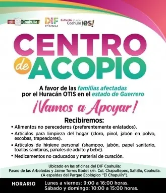 Abren centros de acopio en Coahuila para los afectados por el huracán Otis