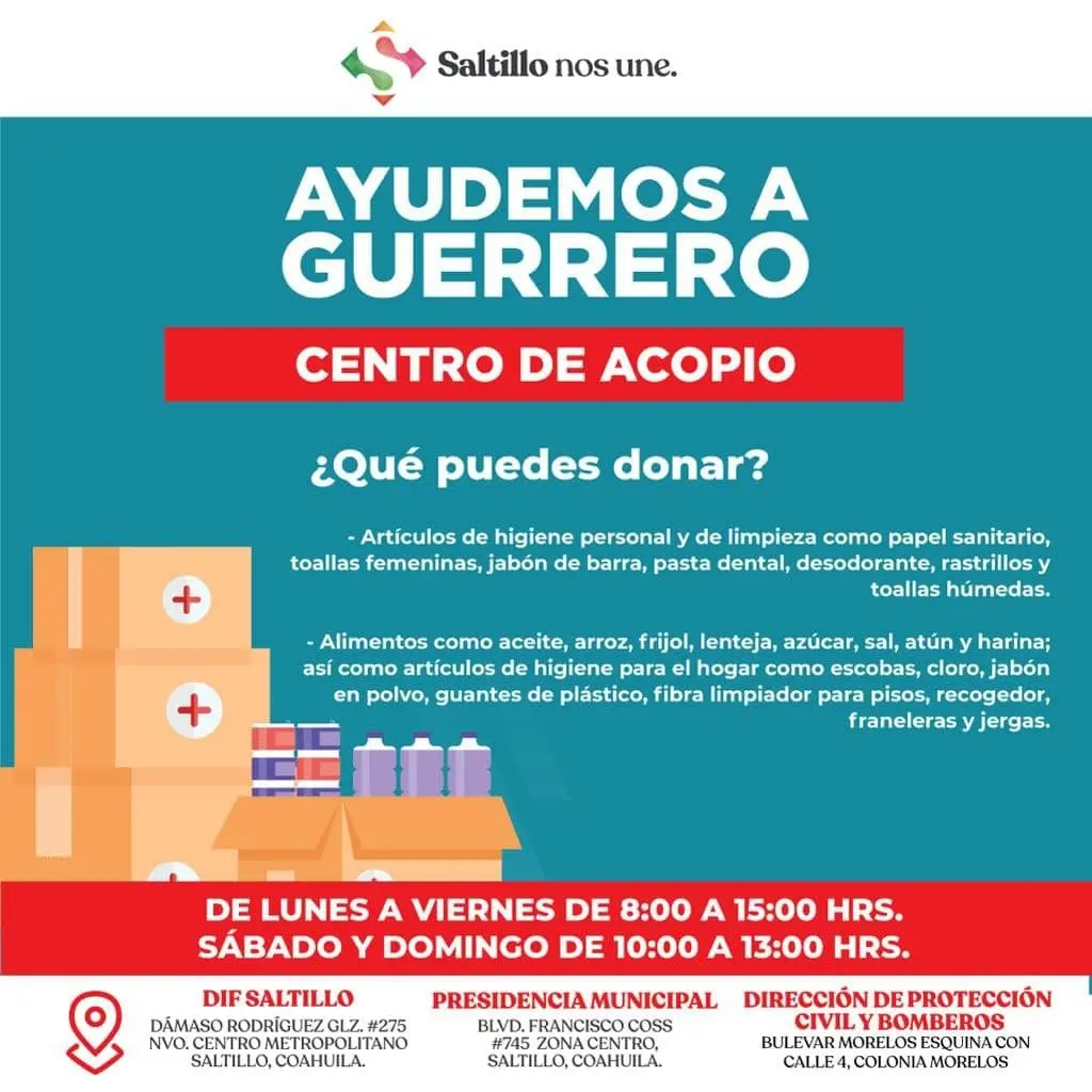 Abre municipio de Saltillo centro de acopio para ayudar a Guerrero