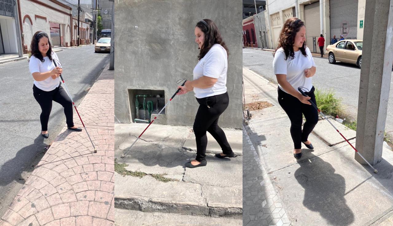 Cinthia se distingue entre los transeúntes, camina de un edificio a otro, apoyada con su bastón, hay quienes la ven y le ofrecen cruzar la calle, aunque asegura que tiene los sentidos bien desarrollados. Fotos: Rosy Sandoval