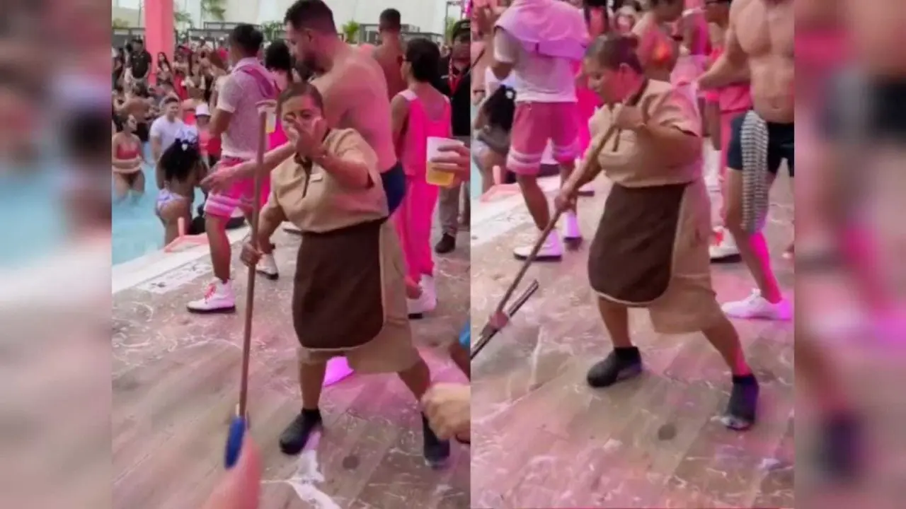 Empleada del hotel Riu en Cancún se roba el show en pool party. Su actitud es elogiada por los internautas. Foto: Captura de pantalla