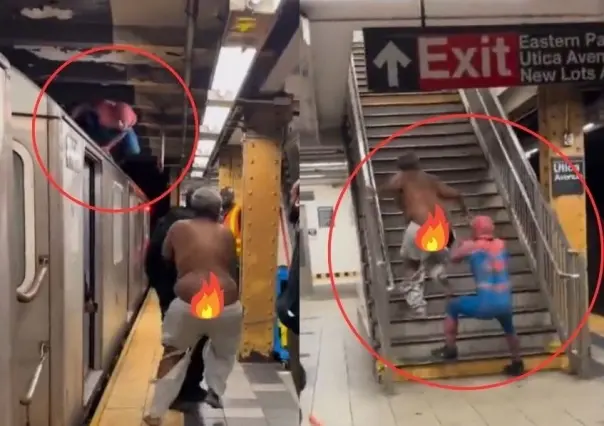 ¡Sacado de película! Se enfrenta Spiderman a indigente en el Metro de Nueva York