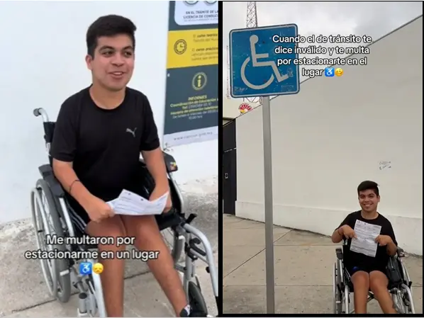 Un jóven de silla de ruedas de nombre Diego Rebolledo denunció ser multado por estacionarse en un lugar para discapacitados . Fotos. Facebook