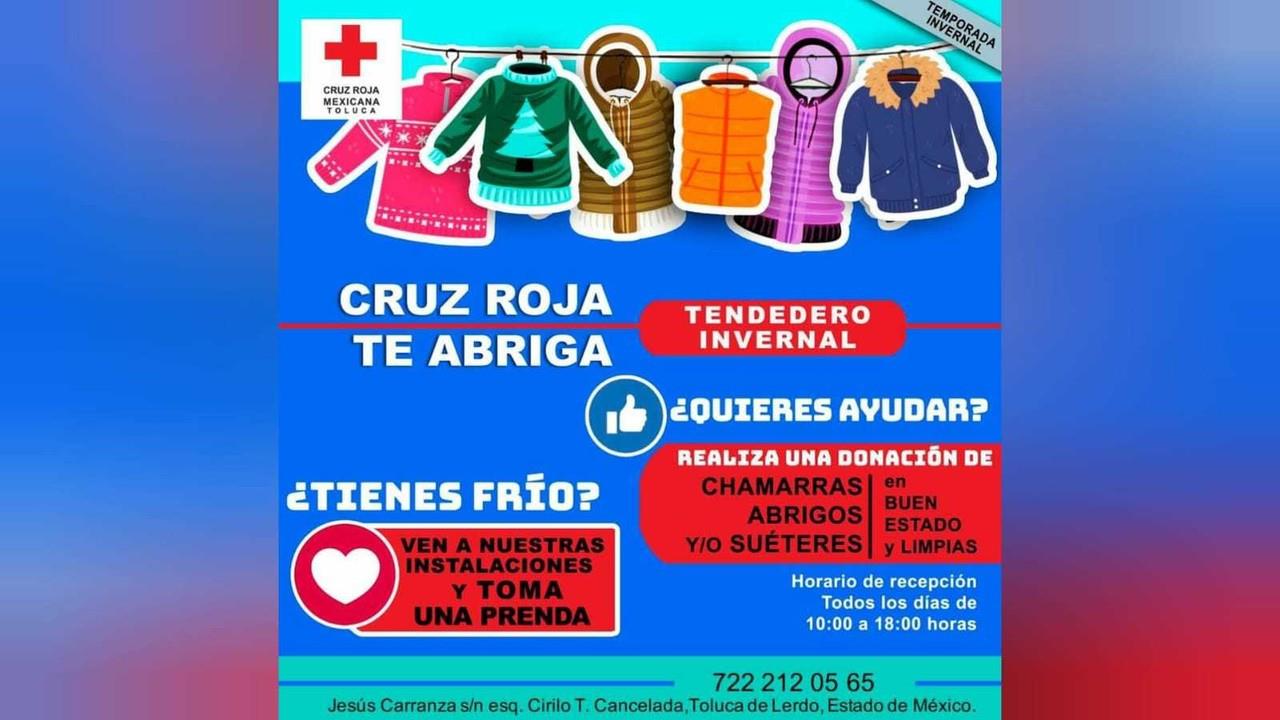 La Cruz Roja del Valle de Toluca hizo un llamado a apoyar con prendas para mitigar el frío que serán entregadas a las personas en situación vulnerable. Foto: FB Cruz Roja de Toluca