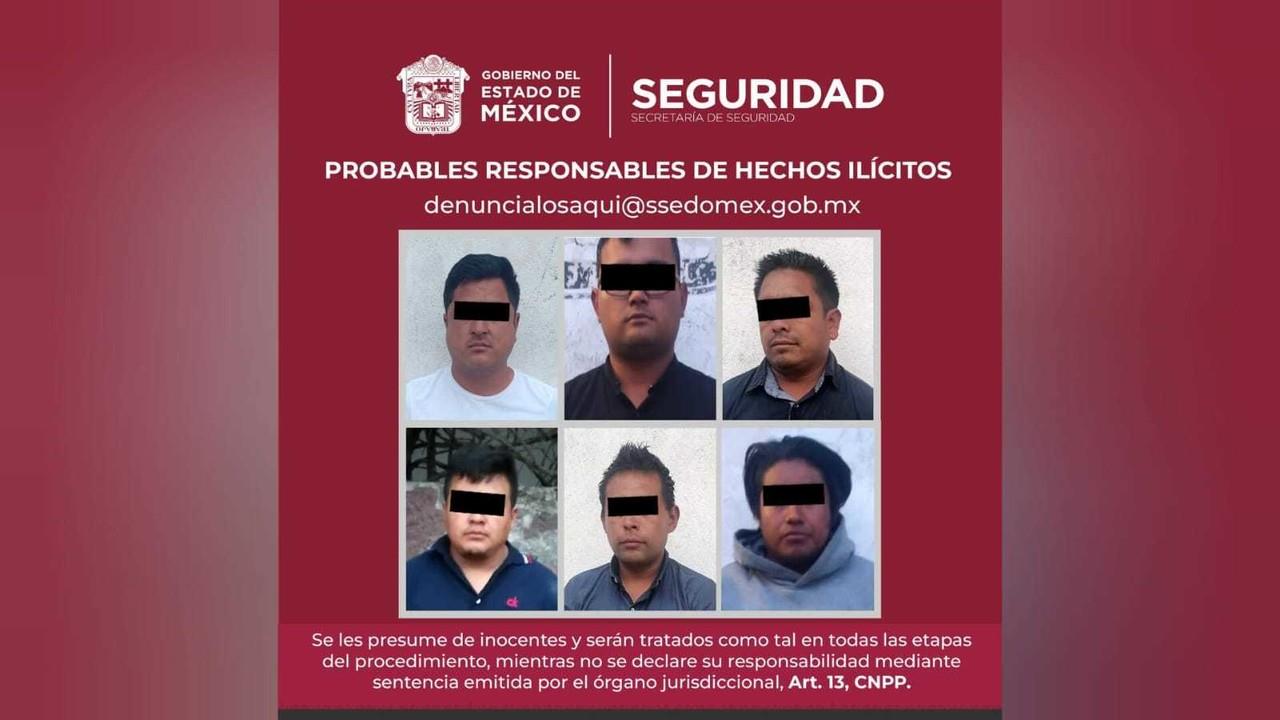 Diego N de 27 años, Alberto N de 34, José N de 31, Luis N de 24, Jorge N” de 24 y Estiven N son investigados por robo con violencia a persona. Foto: Sria de Seguridad de Edomex