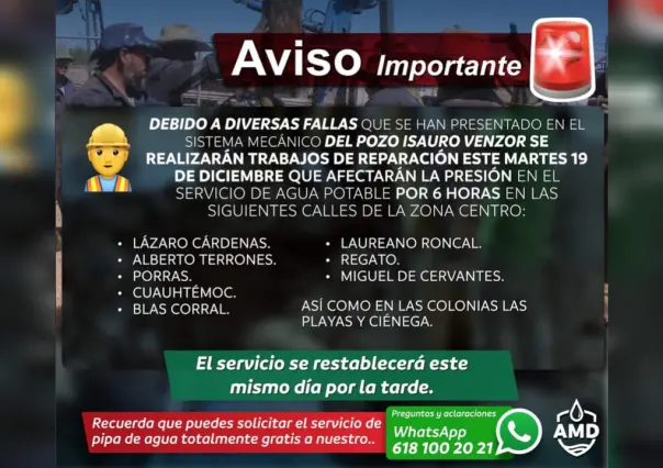 Parte de la ciudad de Durango no tendrá agua este martes; te decimos dónde