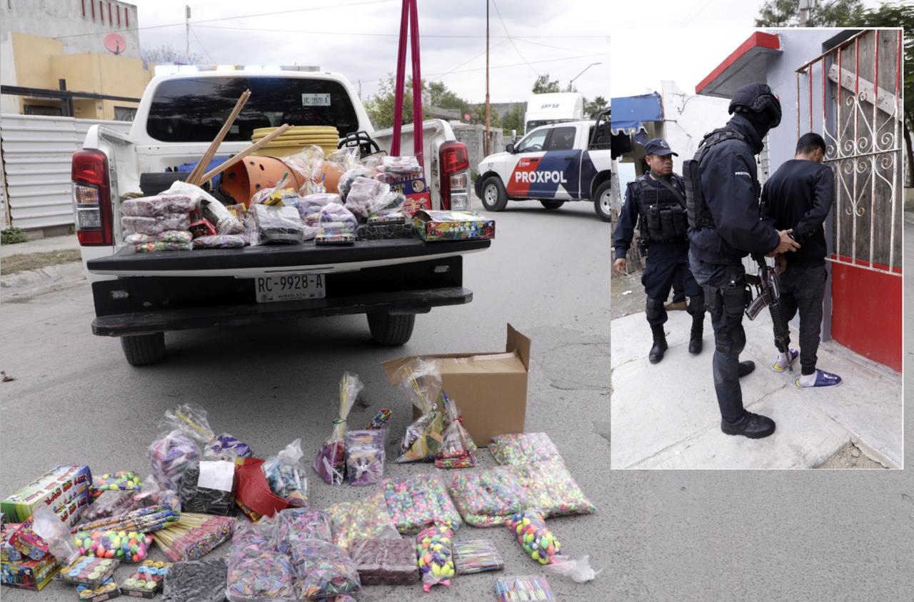 El presunto responsable almacenaba la pirotecnia dentro de su hogar, lo que ponía en riesgo a su familia y a los vecinos, por lo que fue detenido y puesto a disposición de las autoridades. Foto: Municipio de Escobedo