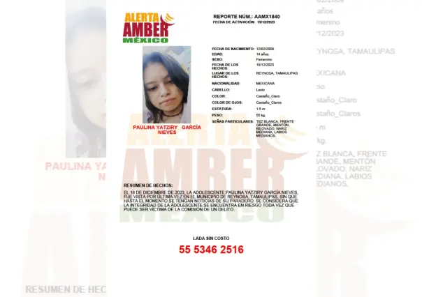 Emiten Alerta Amber por menor desaparecida en Tamaulipas