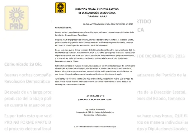 Abandona PRD coalición electoral en Tamaulipas