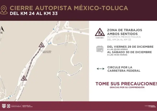 Segundo cierre de la autopista México-Toluca por obras del Tren Interurbano